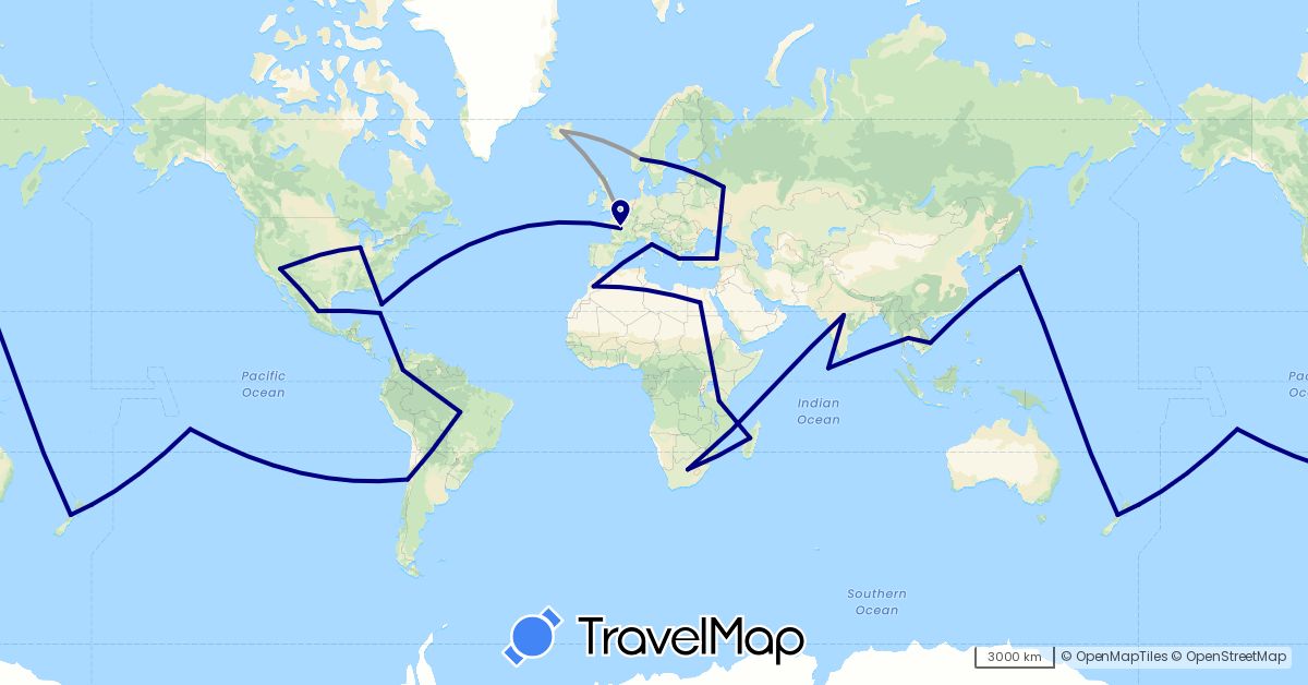 TravelMap itinerary: driving, plane in Brazil, Chile, Colombia, Cuba, Egypt, France, United Kingdom, Greece, India, Iceland, Italy, Japan, Morocco, Madagascar, Maldives, Mexico, Norway, New Zealand, Russia, Thailand, Turkey, Tanzania, United States, Vietnam, South Africa (Africa, Asia, Europe, North America, Oceania, South America)
